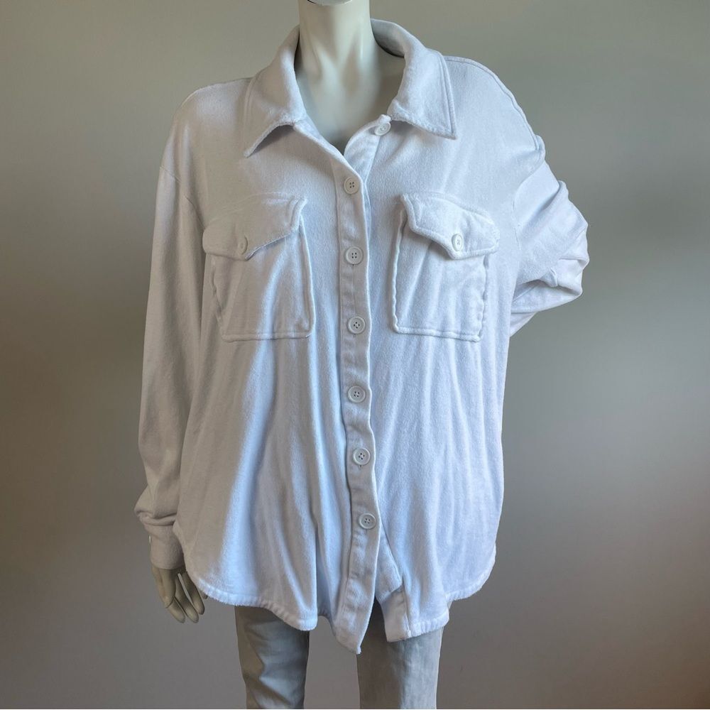 GOOD AMERICAN White Terry Cloth Oversized Button Up Shirt Coverup